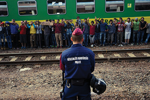 Syrian refugees strike at the platform of the Keleti railway station in Budapest, Hungary in 2015