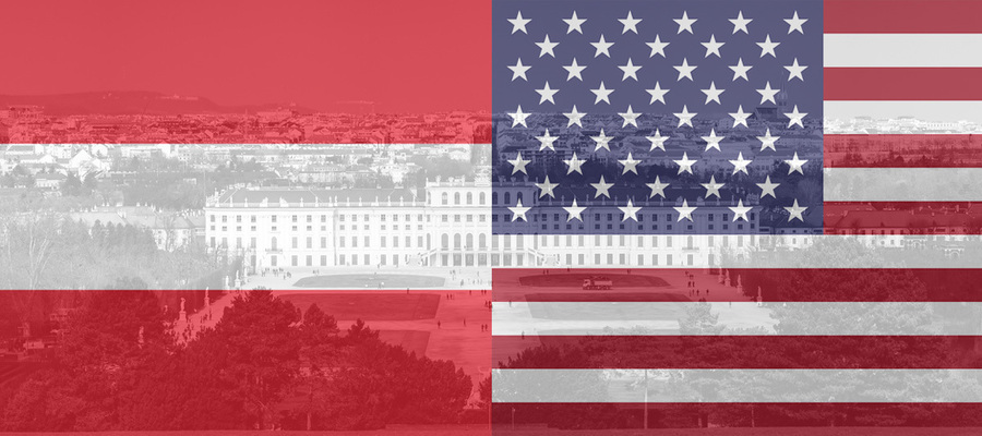 Old Vienna overlaid by the flags of Austria and the USA