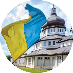 Ukrainian flag flutters on the campus of the Ukrainian Catholic University, a close partner of the Nanovic Institute.