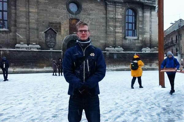Graduate student Kevin Richardson during his research trip to Lviv, Ukraine.