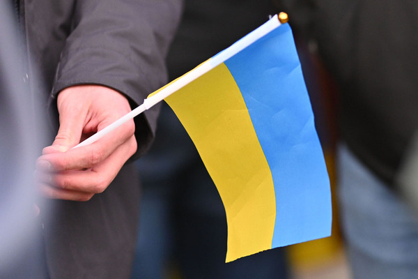 Ukraine flag at ND student rally 03-03-22