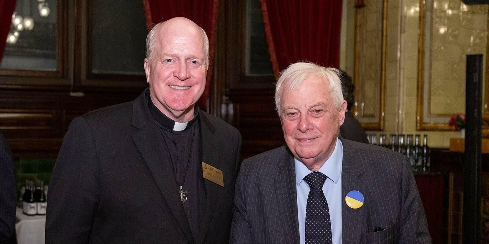 Fr. Jim Lies with Chris Patten, Lord Patten of Barnes, during the 2022 Barrett Family Lecture in London.
