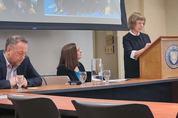 Maria Lipman speaks at a panel discussion for the launch of Debra Javelin’s book After Violence Russia's Beslan School Massacre and the Peace that Followed on April 25, 2023.