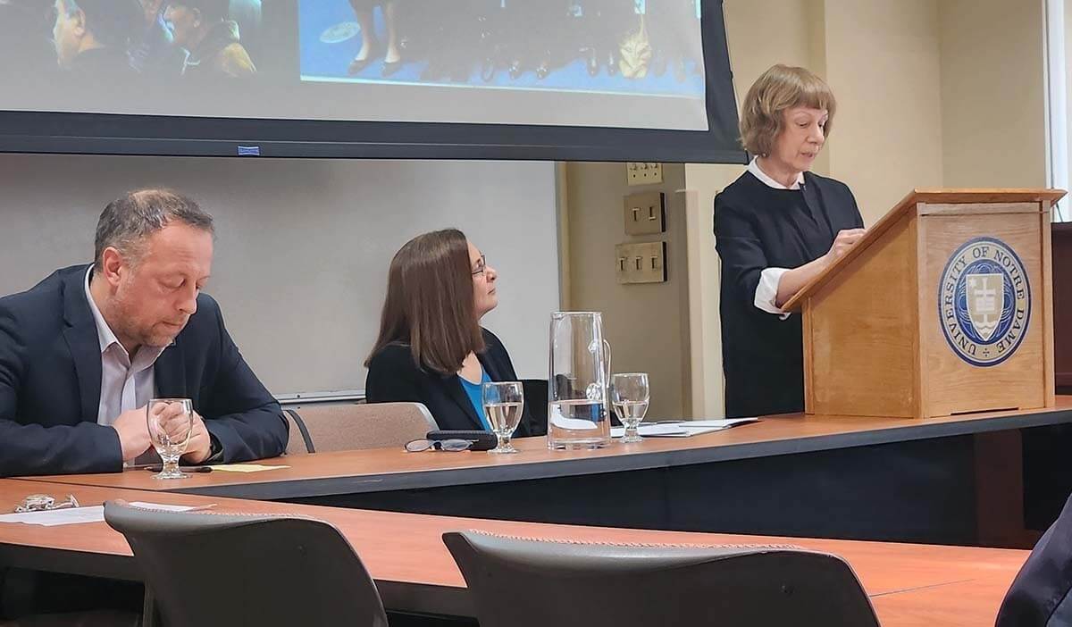 Maria Lipman speaks at a panel discussion for the launch of Debra Javelin’s book After Violence Russia's Beslan School Massacre and the Peace that Followed on April 25, 2023.
