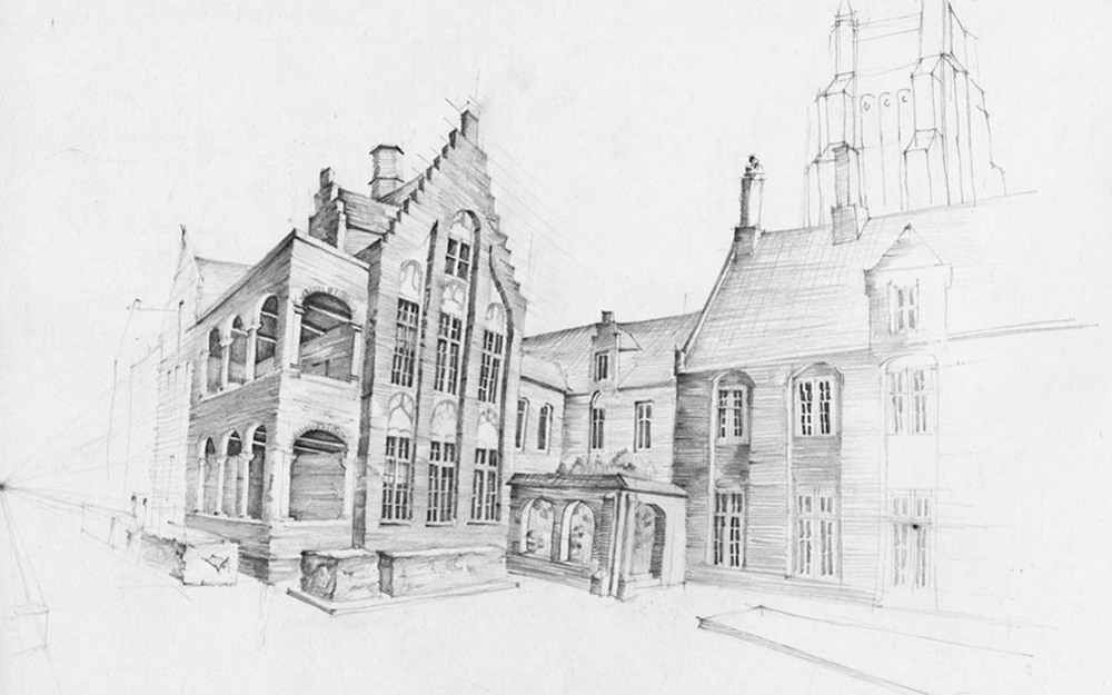 sketch of St. John Hospital's courtyard.