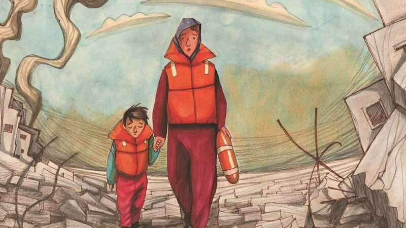Artwork of parent and child with life vests.