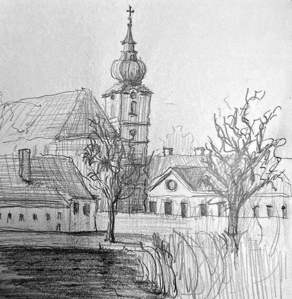 Oliva's sketch of the Benediktinský klášter Břevnov on a lake outside Prague, Czech Republic.