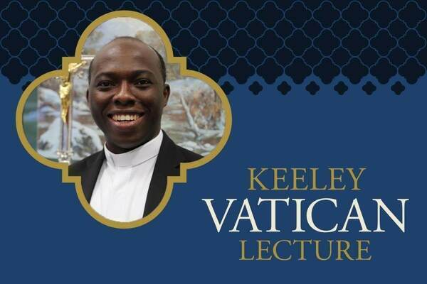 A smiling priest wearing a clerical collar is pictured in a gold quatrefoil frame on a navy blue background with a gold quatrefoil pattern. The text below the photo reads "KEELEY VATICAN LECTURE".