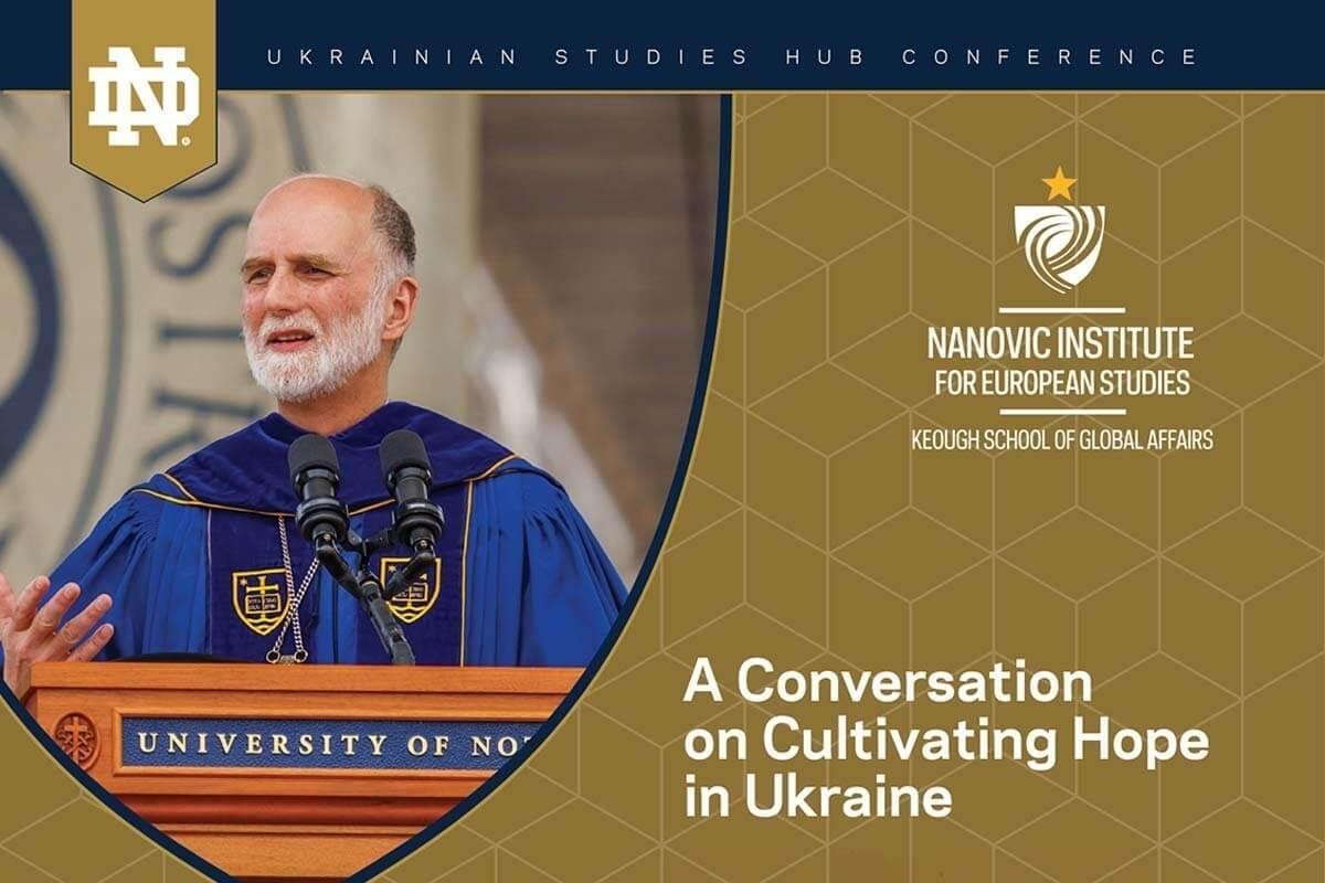 A photo of Archbishop Borys Gudziak in an academic robe delivering a speech. It is set on a poster for "A conversation on Cultivating Hope in Ukraine."