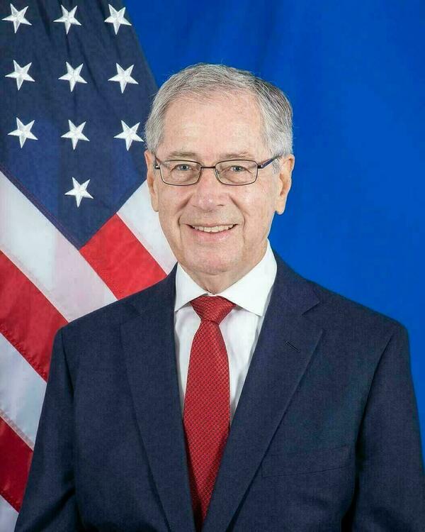 Portrait of Mark Gitenstein, who is a man wearing a navy suit and a red tie over a white shirt. The United States flag is seen over his should.