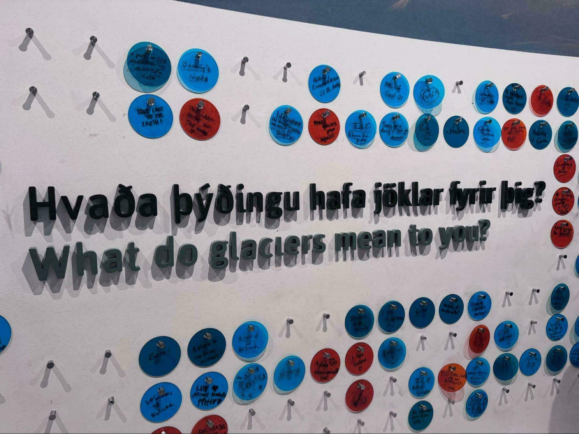 A white wall display with the questions 