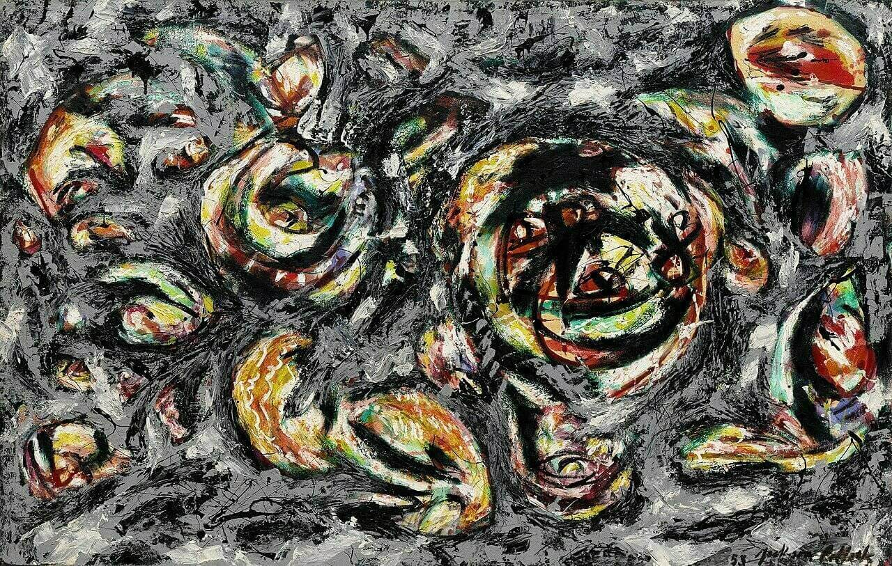 Abstract painting with swirling shapes in black, orange, yellow, green, red, purple, and white against a textured gray background. Several of the shapes suggest faces or figures with large eyes.