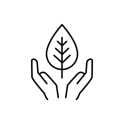Line art of two open hands with a leaf floating between, pointed upwards.