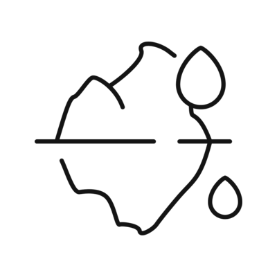 Line icon of a glacier and droplets of water next to it. A sea line is clearly shown.