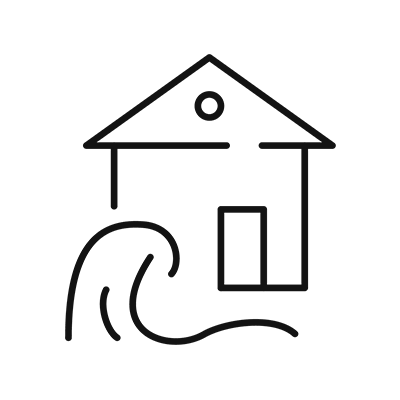A line drawing of a wave coming onto a house.