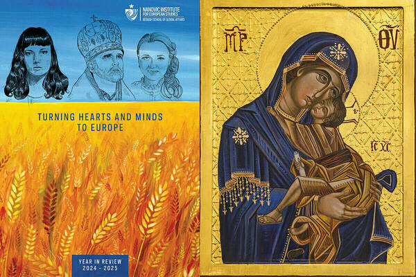 Nanovic Institute for European Studies Year in Review 2024-2025 cover featuring drawings of three individuals above a field of wheat and, beside it, an icon of Mary holding baby Jesus.