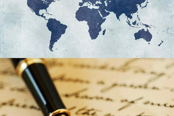 A textured blue background with a dark blue world map. Below, a black and gold fountain pen rests on aged paper with handwritten cursive script.