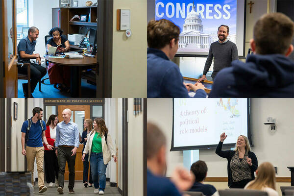 Scenes from Notre Dame's Political Science Department: a professor lecturing students, a professor meeting a student, faculty and students walking, and a professor presenting on Congress.
