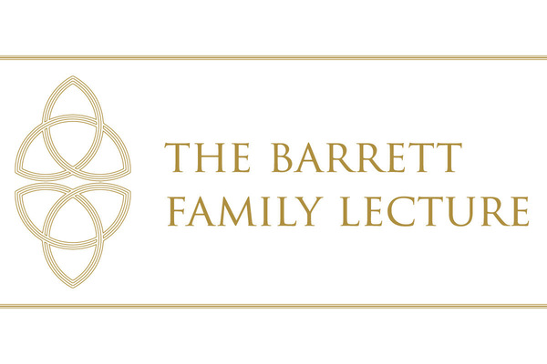 Gold celtic knot next to "THE BARRETT FAMILY LECTURE" in gold text on a white background.